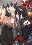  2girls azur_lane bangs bare_shoulders black_dress black_hair black_jacket blurry breast_contest breast_press breasts buttons closed_mouth collared_shirt commentary_request crossed_arms dress eye_contact eyebrows_visible_through_hair friedrich_der_grosse_(azur_lane) from_side gloves grey_background grey_shirt grin hair_between_eyes headgear hidebuu highres iron_cross jacket large_breasts light_brown_hair long_hair looking_at_another machinery mechanical_horns military military_uniform multicolored_hair multiple_girls parted_lips profile red_gloves red_horns redhead roon_(azur_lane) shaded_face shiny shiny_hair shirt short_hair sidelocks sleeveless sleeveless_dress smile streaked_hair symmetrical_docking turtleneck_dress uniform upper_body very_long_hair white_background yellow_eyes 