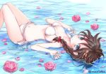  1girl artist_name bikini blue_eyes braid brown_hair flower hair_ornament ishida_mia kantai_collection looking_at_viewer looking_up navel rose shigure_(kantai_collection) single_braid solo swimsuit twitter_username water white_bikini 