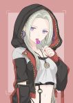  1girl akina_(akn_646) alternate_costume black_jacket blue_eyes border breasts candy casual collarbone commentary_request crop_top cute earrings edelgard_von_hresvelg fire_emblem fire_emblem:_three_houses fire_emblem:_three_houses fire_emblem_16 food forehead hair_ribbon highres holding holding_food hood hood_up hooded_jacket intelligent_systems jacket jewelry licking lollipop long_hair long_sleeves nail_polish navel necklace nintendo o-ring open_clothes open_jacket outside_border pink_background pink_border purple_ribbon red_nails ribbon silver_hair small_breasts solo tongue tongue_out unzipped upper_body 