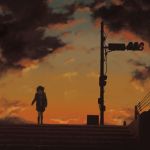  1girl absurdres closed_eyes clouds cloudy_sky evening highres jacket kensight328 original railing scarf short_hair sky socks solo stairs sunset traffic_light 