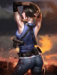  1girl arms_behind_head ass bare_shoulders belt belt_pouch black_gloves black_hair blood bloody_clothes blurry blurry_background breasts clouds cloudy_sky denim depth_of_field embers fingerless_gloves from_behind gloves gun handgun hands_in_hair highres injury jeans jill_valentine liang_xing looking_at_viewer looking_back medium_breasts outdoors pants parted_lips pouch resident_evil short_hair signature sky solo tank_top tight tight_pants weapon weapon_request 