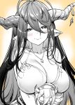  blush breast_press cowlick danua doll horns looking_at_viewer monochrome mushi024 necklace ohage pointed_ears spaghetti_strap squinting two-tone_hair very_long_hair 