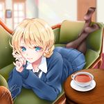  1girl artist_name bangs black_legwear black_neckwear blonde_hair blue_eyes blue_skirt blue_sweater blurry blurry_background braid closed_mouth commentary couch cup darjeeling_(girls_und_panzer) day depth_of_field dress_shirt dust_particles eyebrows_visible_through_hair girls_und_panzer highres indoors long_sleeves looking_at_viewer lying miniskirt necktie no_shoes on_couch on_stomach pantyhose pleated_skirt saucer school_uniform sheepd shirt short_hair signature skirt smile solo st._gloriana&#039;s_school_uniform sweater table tea teacup tied_hair twin_braids v-neck white_shirt wing_collar 