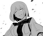  1girl bangs breasts cizzi eyebrows_visible_through_hair girls_frontline greyscale highres jacket looking_at_viewer monochrome rpk-16_(girls_frontline) short_hair simple_background smile solo upper_body white_background 
