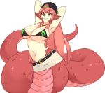  1girl armpits arms_behind_head bare_shoulders belt belt_buckle bikini_top blush breasts buckle commission eyebrows_visible_through_hair fang fang_out hair_between_eyes jewelry lamia large_breasts long_hair miia_(monster_musume) miniskirt monster_energy monster_girl monster_musume_no_iru_nichijou navel necklace pointy_ears redhead rtil scales sidelocks simple_background skirt smile solo tail white_background yellow_eyes 