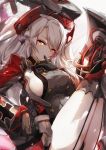  1girl antenna_hair ass azur_lane bangs black_gloves black_legwear breasts commentary_request double-breasted dress dyolf eyebrows_visible_through_hair finger_to_mouth garter_straps gloves grey_dress headgear highres large_breasts legs_up long_hair long_sleeves looking_at_viewer machinery military military_uniform mole mole_on_breast orange_eyes panties pantyshot pantyshot_(sitting) prinz_eugen_(azur_lane) redhead short_dress sideboob silver_hair sitting solo swept_bangs thigh-highs underwear uniform very_long_hair 
