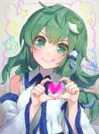  1girl :q artist_name bangs bare_shoulders blush breasts commentary_request detached_sleeves eyebrows_visible_through_hair frog_hair_ornament green_eyes green_hair grey_background hair_ornament hair_tubes hands_up heart heart_hands kochiya_sanae long_hair long_sleeves looking_at_viewer shirt single_sidelock small_breasts smile snake_hair_ornament solo syuri22 tongue tongue_out touhou upper_body v-shaped_eyebrows white_shirt 