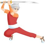  1boy baggy_pants bands brown_eyes crystal_story fighting_stance holding holding_weapon male_focus pants red_clothes sash serious shoes sneakers sword tristam_(crystal_story) weapon white_hair 