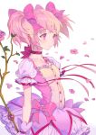  bow bow_(weapon) bubble_skirt flower gloves inzup kaname_madoka magical_girl mahou_shoujo_madoka_magica petals pink_eyes pink_hair ribbon rose rose_petals short_hair simple_background skirt weapon 