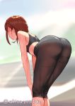  1girl akisa_(12023648) ass bare_shoulders bent_over black_pants blurry blurry_background commentary_request day depth_of_field from_behind hands_on_own_knees original outdoors pants redhead short_hair solo sports_bra sweat tight tight_pants twitter_username wet yoga_pants 