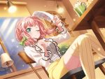 1girl bang_dream! blush cake_slice chair dress frown green_bow green_eyes holding_paper holding_pen lamp looking_at_viewer official_art one_eye_closed paper pink_hair short_hair sitting solo sparkle uehara_himari