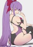  1girl ;d ass bb_(fate)_(all) bb_(fate/extra_ccc) black_legwear bow breasts competition_swimsuit eyebrows_visible_through_hair fate/grand_order fate_(series) finger_to_mouth grey_background hair_bow haoni high_ponytail highres large_breasts long_hair looking_back one-piece_swimsuit one_eye_closed open_mouth parted_lips ponytail purple_hair simple_background sitting sketch smile solo swimsuit thigh-highs v-shaped_eyebrows very_long_hair violet_eyes 