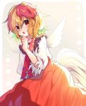  1girl :o animal animal_on_head bangs beige_background bird blonde_hair blush border chick commentary cowboy_shot eyebrows_visible_through_hair feathered_wings frilled_shirt_collar frills hair_between_eyes hand_on_own_chin hand_up highres looking_at_viewer multicolored_hair niwatari_kutaka on_head open_mouth orange_skirt outside_border red_eyes redhead renka_(sutegoma25) shirt short_hair short_sleeves simple_background skirt solo tail_feathers touhou two-tone_hair white_border white_shirt wings 