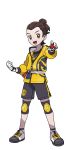  1boy absurdres alternate_costume alternate_hairstyle belt black_shorts brown_eyes brown_hair clenched_hand full_body gloves highres holding holding_poke_ball jacket looking_at_viewer male_focus masaru_(pokemon) official_art open_mouth outline poke_ball pokemon pokemon_(game) pokemon_swsh shin_guards shorts smile topknot transparent_background white_belt white_footwear white_gloves white_outline yellow_jacket 