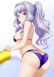  1girl ass bikini breasts butt_crack hairband idolmaster idolmaster_(classic) innertube large_breasts long_hair ponytail scrunchie shibata_rai shijou_takane sideboob silver_hair simple_background smile solo swimsuit violet_eyes 