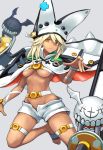  1girl bad_feet belt beltbra blonde_hair breasts cape closed_mouth commentary_request dark_skin groin guilty_gear guilty_gear_xrd hat long_hair looking_at_viewer medium_breasts muscle muscular_female nana-ya navel orange_eyes ramlethal_valentine short_shorts shorts simple_background thigh_strap under_boob 
