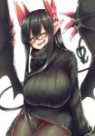  1girl absurdres black_hair black_legwear black_sweater breasts demon_girl demon_horns demon_tail demon_wings dress glasses green_eyes highres horns huge_breasts juugoya_(zyugoya) long_hair merii_(musuko_ga_kawaikute_shikatanai_mazoku_no_hahaoya) musuko_ga_kawaikute_shikatanai_mazoku_no_hahaoya pantyhose red_horns sweater sweater_dress tail thick_thighs thighs white_background wings 