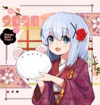  1girl 2020 :d angora_rabbit animal animal_ears bangs blue_eyes blue_hair blush chinese_zodiac commentary_request eyebrows_visible_through_hair floral_background floral_print flower gochuumon_wa_usagi_desu_ka? hair_between_eyes hair_flower hair_ornament happy_new_year highres holding holding_animal houjichaoic japanese_clothes kafuu_chino kimono long_hair long_sleeves looking_at_viewer mouse_ears new_year obi open_clothes open_mouth print_kimono rabbit red_flower red_kimono sash smile tippy_(gochiusa) wide_sleeves x_hair_ornament year_of_the_rat 