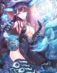  1girl bangs bare_shoulders blue_dress blue_eyes blue_fire blue_gloves blue_headwear blue_legwear blunt_bangs breasts byuura_(sonofelice) center_opening dress elbow_gloves fate/grand_order fate_(series) fire fish floral_print gloves hair_ornament hand_in_hair kneeling large_breasts leaf_hair_ornament long_hair looking_at_viewer parted_lips purple_hair sash solo sparkle thigh-highs thighs very_long_hair yang_guifei_(fate/grand_order) 