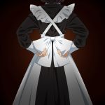  1girl adjusting_clothes brown_background facing_away gradient gradient_background head_out_of_frame long_sleeves maid original solo standing suzushiro_(suzushiro333) 