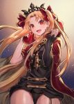  1girl blonde_hair cloak cowboy_shot earrings ereshkigal_(fate/grand_order) fate/grand_order fate_(series) highres hood hooded_cloak jewelry kuroi_susumu long_hair red_eyes single_sleeve smile tiara twintails 