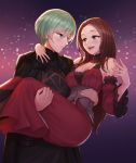  1boy 1girl arm_around_neck armor awan0918 brown_hair byleth_(fire_emblem) byleth_eisner_(male) carrying dorothea_arnault dress english_commentary fire_emblem fire_emblem:_three_houses green_eyes green_hair heart heart_background highres older pantyhose princess_carry 