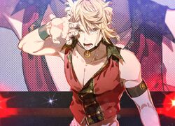  1boy armlet blonde_hair choker collarbone gyuunyuu_(mashika) headset highres idol idol_clothes male_focus musical_touken_ranbu nansen_ichimonji open_mouth pectorals screen solo sweat touken_ranbu upper_body yellow_eyes 