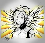  1girl bangs breasts draconety drawing glowing highres large_breasts lips looking_at_viewer mechanical_halo mechanical_wings mercy_(overwatch) overwatch ponytail signature smile solo swept_bangs watermark wings 
