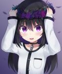  1girl bandages bangs black_choker black_flower black_nails blurry blush choker commentary_request eyebrows_visible_through_hair fang flower hands_on_headwear head_wreath highres long_hair long_sleeves looking_at_viewer nail_polish open_mouth original partial_commentary petals purple_flower shirt shuuichi_(gothics) skin_fang smile solo upper_body violet_eyes white_shirt 