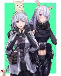  2girls absurdres ak-15_(girls_frontline) armpit_peek bag bangs blush braid breasts buckle cowboy_shot eyebrows_visible_through_hair eyes_visible_through_hair face_mask french_braid girls_frontline green_background hair_over_one_eye hand_on_another&#039;s_shoulder hands_up hat headgear height_difference highres jacket large_breasts llama long_hair looking_at_another looking_to_the_side mask midriff mmm_(ji1945) multiple_girls navel open_mouth parted_bangs pouch rpk-16_(girls_frontline) santa_hat satchel sidelocks silver_hair smile strap tactical_clothes thigh_gap two-tone_background upper_teeth violet_eyes white_background 