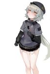  1girl bangs black_gloves black_headwear blush brown_eyes cabbie_hat dokomon eyebrows_visible_through_hair feet_out_of_frame fur-trimmed_jacket fur_trim girls_frontline gloves grey_hair grey_jacket hair_between_eyes hat highres hs2000_(girls_frontline) jacket korean_commentary long_hair long_sleeves looking_away looking_to_the_side looking_up parted_lips short_over_long_sleeves short_sleeves silver_hair simple_background solo very_long_hair white_background 