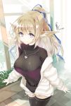  1girl animal_ears bangs belt black_legwear blonde_hair blue_eyes breasts cowboy_shot dress eyebrows_visible_through_hair jacket jewelry large_breasts looking_at_viewer necklace open_clothes open_jacket original ponytail smile solo sweater sweater_dress thigh-highs won_(az_hybrid) 