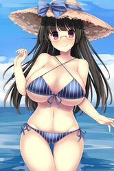  1girl akikaze_tsumuji alternate_costume bikini black_hair blue_bow blue_sky blush bow breasts choukai_(kantai_collection) closed_mouth clouds glasses hat hat_bow kantai_collection large_breasts long_hair looking_at_viewer ocean red_eyes rimless_eyewear sky smile solo straw_hat striped striped_bikini swimsuit 