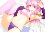  1girl absurdres angel_wings armpits bangs blush breasts elbow_gloves english_commentary eyebrows_visible_through_hair feathered_wings gloves gradient_hair heart heart-shaped_pupils highres jibril_(no_game_no_life) large_breasts leg_up long_hair looking_at_viewer low_wings lukmanscootkenn lying midriff multicolored multicolored_eyes multicolored_hair navel no_game_no_life no_tattoo on_back on_bed open_mouth panties pink_hair pink_legwear pink_shirt purple_gloves purple_panties shirt sideboob sidelocks single_bridal_gauntlet single_elbow_glove single_thighhigh sleeveless sleeveless_shirt solo symbol-shaped_pupils taut_clothes thigh-highs underwear wavy_mouth white_wings wing_ears wings yellow_eyes 
