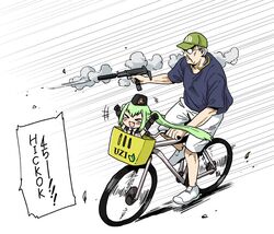  &gt;_&lt; 1boy 1girl :d anyan_(jooho) baseball_cap bicycle bicycle_basket character_name chibi commentary earplugs english_commentary facial_hair firing girls_frontline glasses green_hair grey_hair ground_vehicle gun hat hickok45 highres imi_uzi micro_uzi_(girls_frontline) mustache old_man open_mouth real_life riding shirt shoes short_sleeves shorts shoshinsha_mark smile smoke smoking_gun submachine_gun t-shirt weapon white_background xd 