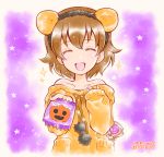  1girl animal_ears artist_name bare_shoulders brown_hair burafu candy closed_eyes commentary_request dated facing_viewer fake_animal_ears food freckles girls_und_panzer halloween halloween_costume holding holding_food jack-o&#039;-lantern lion_ears lollipop long_sleeves notice_lines off-shoulder_sweater off_shoulder open_mouth orange_sweater short_hair smile solo staryu sweater tsuchiya_(girls_und_panzer) upper_body 