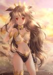  1girl absurdres arm_at_side arm_up armlet asymmetrical_legwear asymmetrical_sleeves backlighting black_bikini_bottom breasts bridal_gauntlets brown_hair commentary contrapposto cowboy_shot elbow_gloves fate/grand_order fate_(series) gloves hand_in_hair highres hoshiibara_mato ishtar_(fate)_(all) ishtar_(fate/grand_order) jewelry light_particles long_hair looking_at_viewer neck_ring open_mouth outdoors red_eyes single_elbow_glove small_breasts solo standing thigh-highs tiara twilight very_long_hair white_bikini_top 