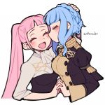  2girls artist_name blue_hair braid closed_eyes crown_braid do_m_kaeru fire_emblem fire_emblem:_three_houses from_side garreg_mach_monastery_uniform hilda_valentine_goneril holding_hands long_hair long_sleeves marianne_von_edmund multiple_girls open_mouth pink_hair simple_background twintails uniform upper_body white_background yuri 