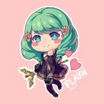  1girl blush_stickers character_name chibi closed_mouth fire_emblem fire_emblem:_three_houses flayn_(fire_emblem) garreg_mach_monastery_uniform green_eyes green_hair hair_ornament holding holding_staff kaijuicery long_hair long_sleeves pink_background simple_background smile solo staff twitter_username uniform 