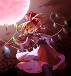  1girl alternate_costume black_legwear blonde_hair breasts clouds corset crystal dutch_angle flandre_scarlet full_moon hair_ribbon highres instrument long_hair long_sleeves looking_afar medium_breasts moon music night night_sky open_mouth playing_instrument recare red_eyes red_skirt ribbon side_ponytail skirt sky smile solo standing star_(sky) starry_sky thigh-highs touhou violin wide_sleeves wings 