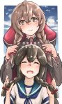  2girls black_capelet black_hair blue_sailor_collar blue_sky braid brown_eyes brown_hair capelet closed_eyes clouds commentary_request highres hood hooded_capelet isonami_(kantai_collection) kantai_collection long_hair multiple_girls owada_(kousonhuchi) red_ribbon ribbon romaji_text sailor_collar school_uniform serafuku shinshuu_maru_(kantai_collection) sidelocks sky smile translation_request twin_braids upper_body 