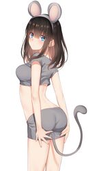  1girl absurdres animal_ears ass bare_arms black_hair blue_eyes breasts commentary_request cowboy_shot crop_top fake_animal_ears from_behind go-1 grey_shirt grey_shorts hairband hands_on_own_ass highres idolmaster idolmaster_cinderella_girls large_breasts long_hair looking_at_viewer looking_back midriff mouse_ears mouse_tail panties sagisawa_fumika shirt short_sleeves shorts simple_background solo tail thighs underwear white_background 