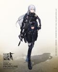  1girl ak-15_(girls_frontline) armor bangs braid breasts buckle closed_mouth duoyuanjun eyebrows_visible_through_hair french_braid full_body girls_frontline gun hair_over_one_eye highres holding holding_gun holding_weapon long_hair navel official_art pouch silver_hair solo standing tactical_clothes violet_eyes weapon 
