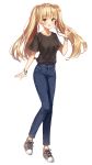  1girl absurdres bangs black_shirt blonde_hair blue_pants blush bracelet brown_eyes collarbone denim eyebrows_visible_through_hair floating_hair full_body highres jewelry lium long_hair looking_at_viewer open_mouth original pants shiny shiny_hair shirt shoes short_sleeves simple_background sneakers solo standing twintails very_long_hair white_background 