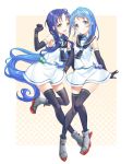  2girls absurdres bangs black_gloves black_legwear black_neckwear black_sailor_collar blue_eyes blue_hair elbow_gloves gloves gradient_hair green_eyes highres kantai_collection long_hair looking_at_viewer low_twintails multicolored_hair multiple_girls neckerchief ribbon sailor_collar samidare_(kantai_collection) school_uniform serafuku shiosoda shirt sleeveless sleeveless_shirt suzukaze_(kantai_collection) swept_bangs thigh-highs twintails very_long_hair white_shirt 