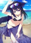  1girl animal_ear_fluff animal_ears beach bikini black_hair blue_eyes blue_hair blue_sky breasts clouds commentary_request commission eyewear_on_head highres long_hair ocean original sand sarong sky smile sun sunglasses swimsuit tail yuki_kawachi 