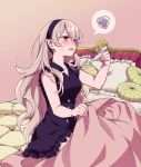  1girl bed black_hairband blush corrin_(fire_emblem) corrin_(fire_emblem)_(female) dragon_girl elf female_my_unit_(fire_emblem_if) fire_emblem fire_emblem_14 fire_emblem_fates fire_emblem_if hairband hiyori_(rindou66) holding intelligent_systems kamui_(fire_emblem) long_hair manakete my_unit_(fire_emblem_if) nintendo pillow pointy_ears red_eyes sitting tagme twitter_username white_hair 