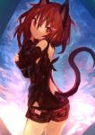  1girl absurdres alternate_costume animal_ears bangs black_shorts blue_background brown_eyes brown_hair cat_ears cat_girl cat_tail closed_mouth hair_between_eyes hair_ornament hairclip highres ikazuchi_(kantai_collection) kaamin_(mariarose753) kantai_collection long_sleeves short_hair shorts solo tail 