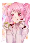  1girl :q bang_dream! bangs doughnut eyebrows_visible_through_hair food heart heart_necklace highres holding_cake long_hair looking_at_viewer luxunshangxiang maruyama_aya off-shoulder_shirt off_shoulder pink_hair red_eyes ribbed_sweater shiny shiny_hair shirt solo sweater swept_bangs tongue tongue_out upper_body white_sweater 