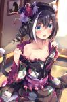  1girl animal_ears bangs bare_shoulders black_hair black_kimono blush braid cat_ears cat_girl cat_tail collarbone commentary_request crown_braid eyebrows_visible_through_hair fang floral_print frilled_kimono frills green_eyes hair_between_eyes hair_bun highres hinata_yuu_(atelierhinata) indoors japanese_clothes kimono kyaru_(princess_connect) long_sleeves multicolored_hair no_shoes obi off_shoulder open_mouth princess_connect! princess_connect!_re:dive print_kimono sash sitting solo streaked_hair tabi tail wariza white_hair white_legwear wide_sleeves 